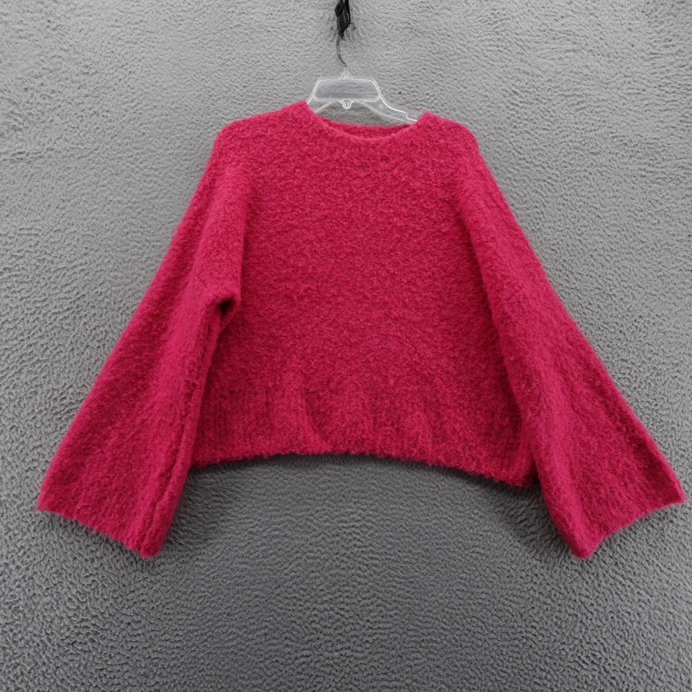 1 STATE Pink Fuzzy Knit Bell Sleeve Cropped Sweater Size Small Womens NEW